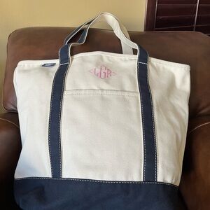 Lands' End Open Top Canvas Tote with Navy Straps and Cream Body